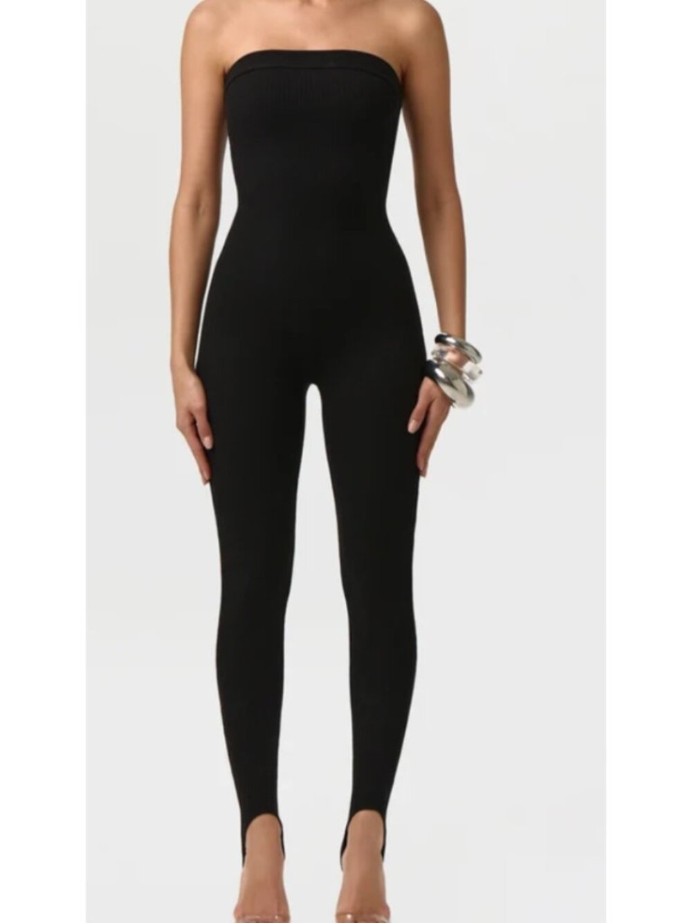 Naked Wardrobe Snatched Tube Stirrup Jumpsuit Black Strapless Fitted Size S NW